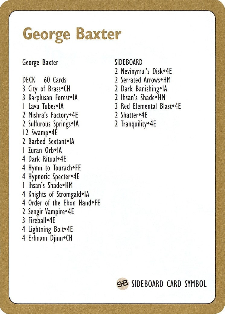 1996 George Baxter Decklist Card (WCD)