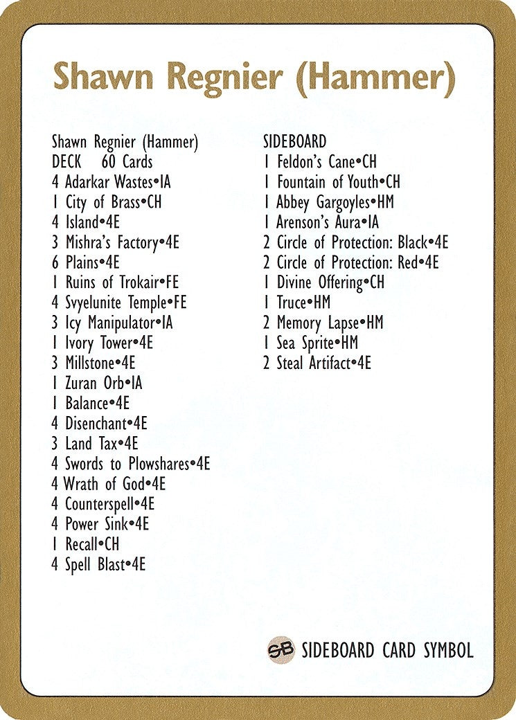 1996 Shawn "Hammer" Regnier Decklist Card (WCD)
