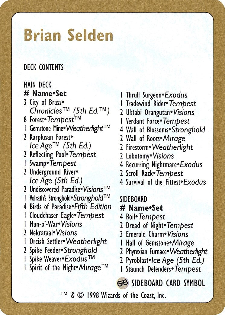 1998 Brian Selden Decklist Card (WCD)