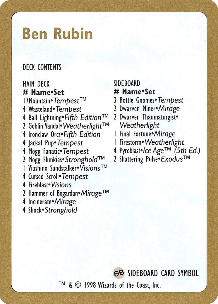 1998 Ben Rubin Decklist Card (WCD)