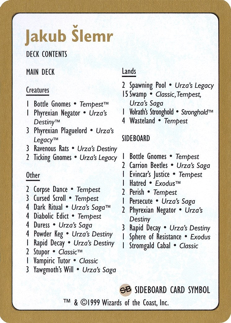 1999 Jakub Slemr Decklist Card (WCD)