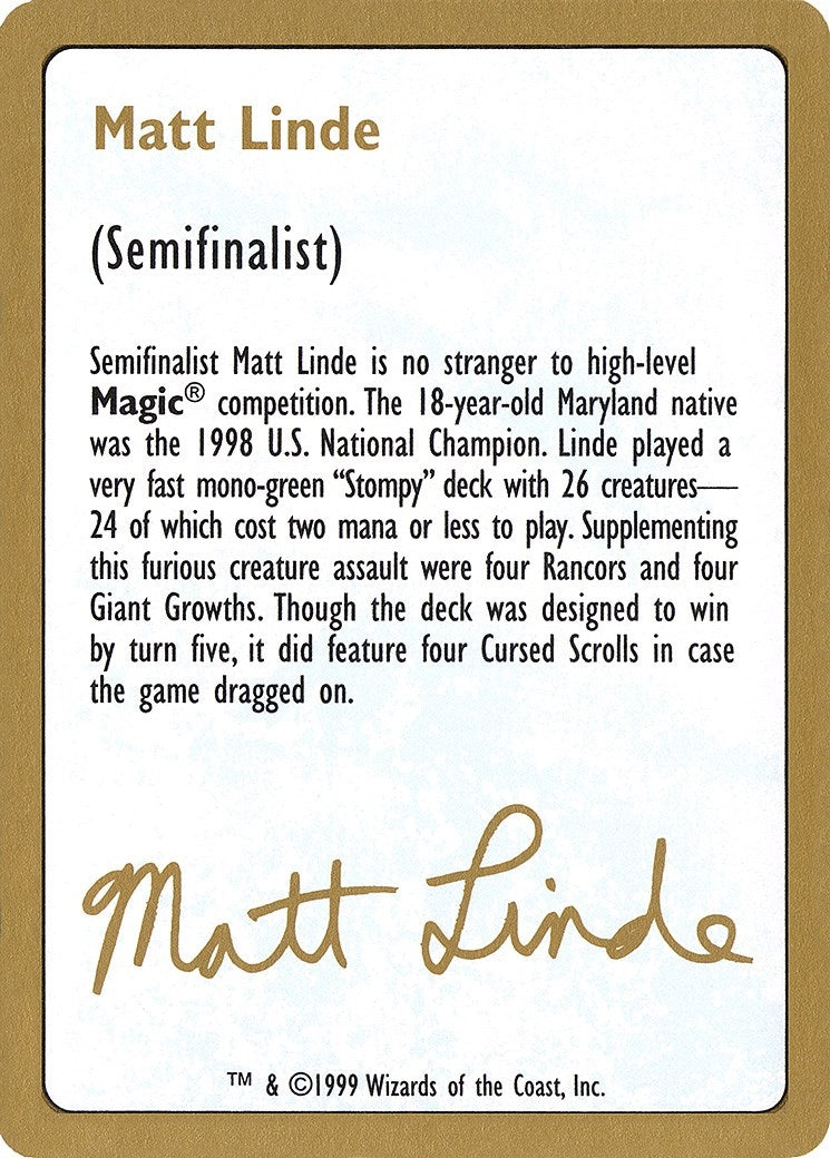 1999 Matt Linde Biography Card (WCD)