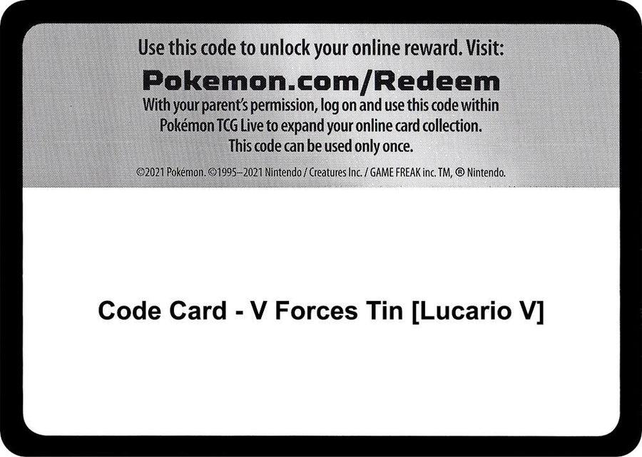 Code Card - V Forces Tin [Lucario V] (MCAP)