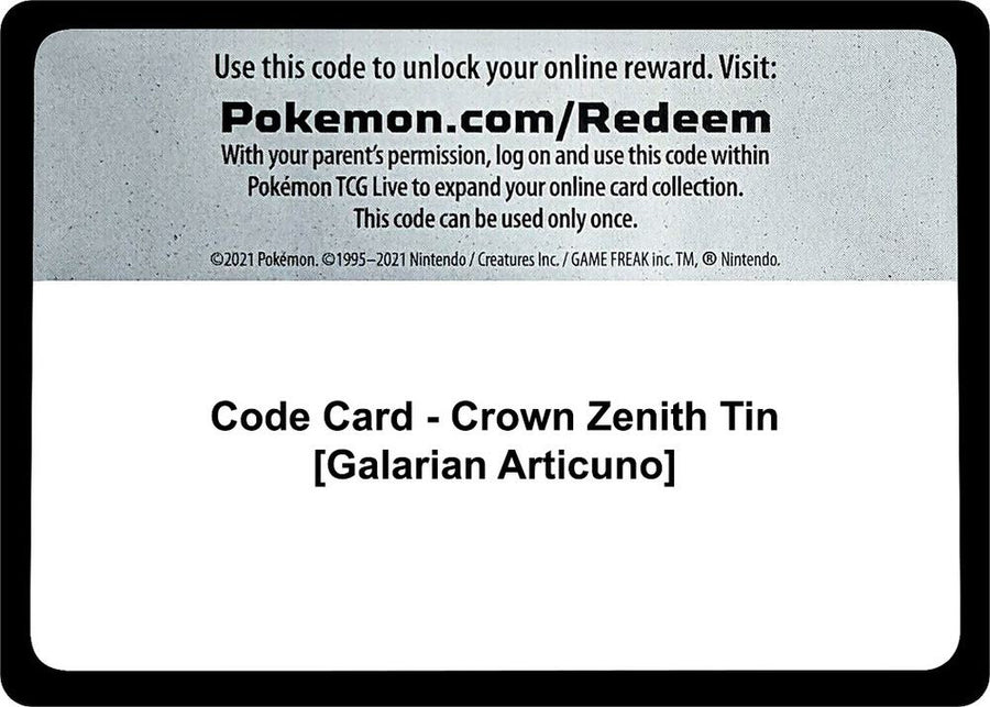 Code Card - Crown Zenith Tin [Galarian Articuno] (CRZ)