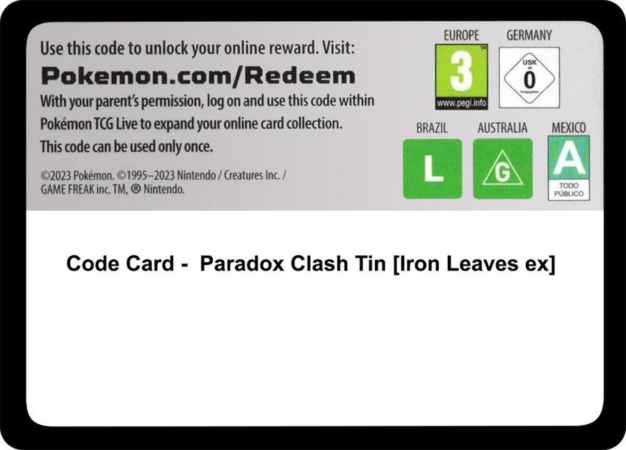 Code Card - Paradox Clash Tin [Iron Leaves ex] (MCAP)