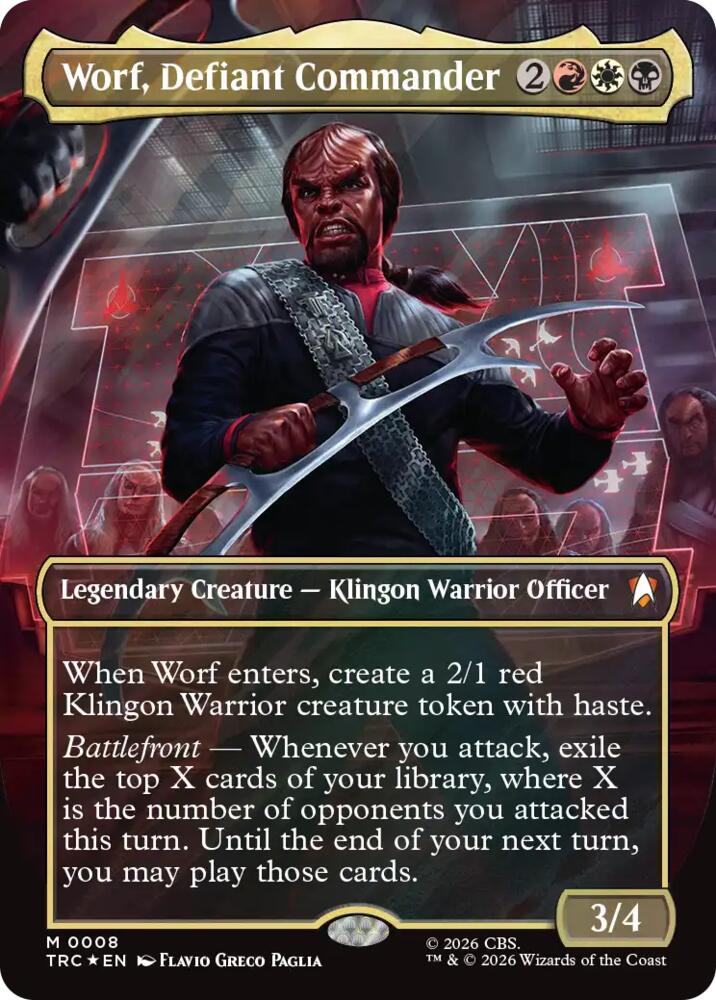Worf, Defiant Commander (Borderless) (Surge Foil) (8) (TRC)